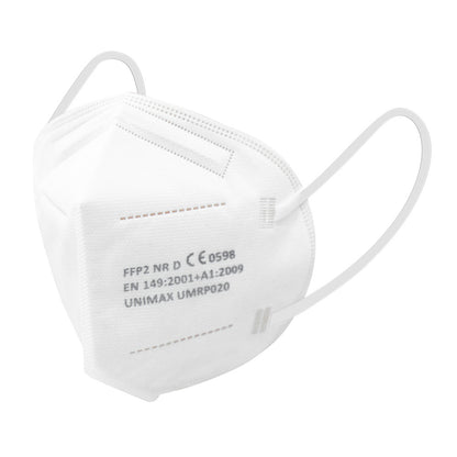 Le masque ARNOMED FFP2 sans valve de la société ARNOWA GmbH est un demi-masque filtrant les particules blanc avec des boucles d'oreilles visibles et une certification imprimée, présenté sur un fond blanc simple. Livré dans une boîte de 10 pièces, il offre une protection fiable.