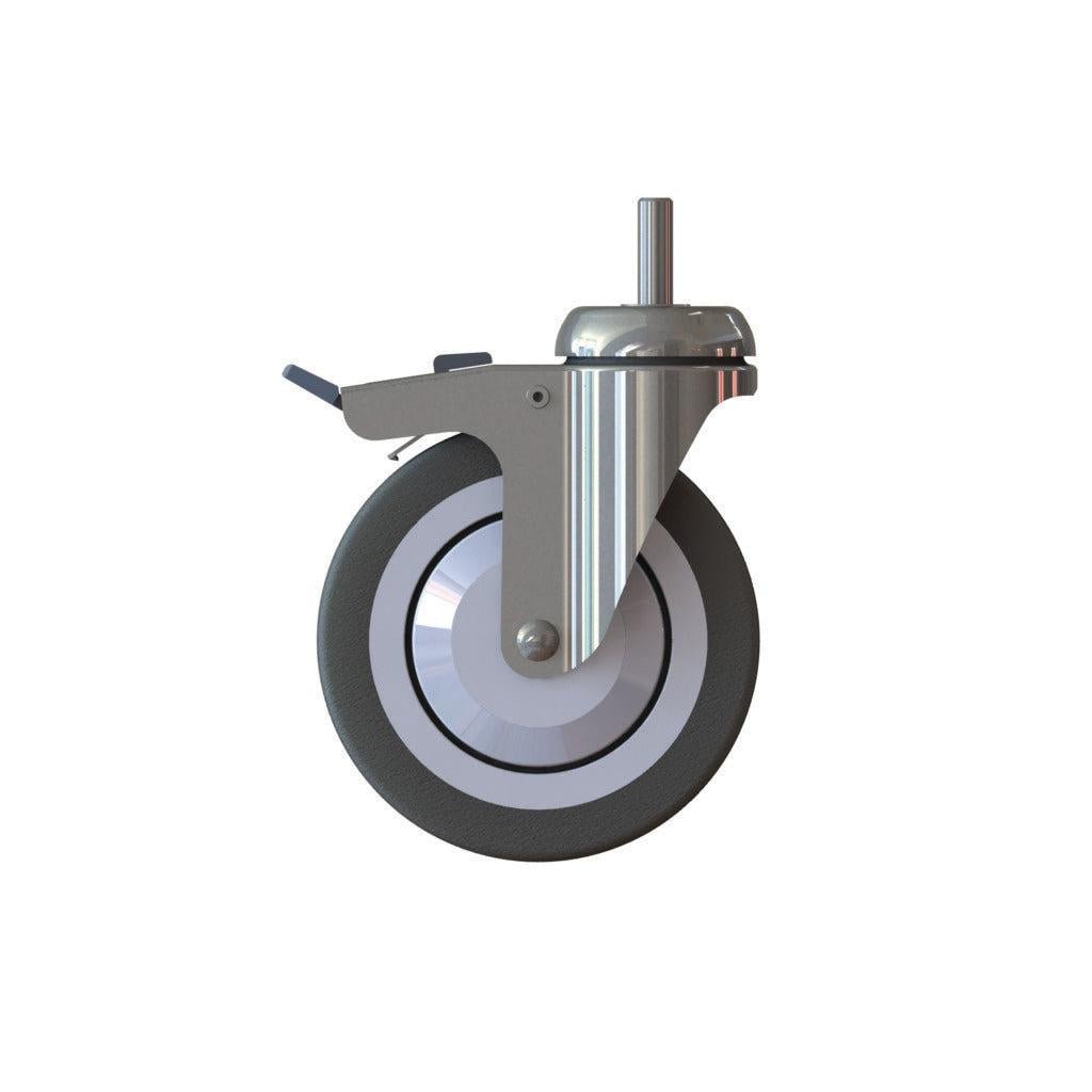 La roue de chariot TASKI - Standard de Diversey Deutschland GmbH & Co. OHG est une roue pivotante de 125 mm avec frein, avec un bord en caoutchouc foncé et un noyau en métal, développée pour le chariot TASKI. L'emballage contient 1 roue.
