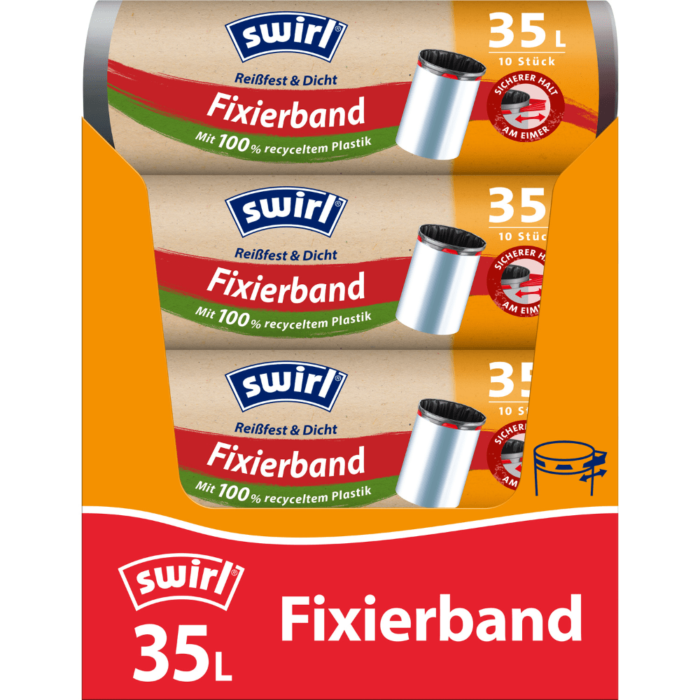 Trois rouleaux Swirl de sacs poubelle à bande élastique 35 l Résistant à la déchirure et étanche de Melitta Europa GmbH & Co. KG avec 10 sacs chacun dans un emballage orange-rouge, fabriqués en plastique recyclé et avec bande élastique pour une fermeture sécurisée.