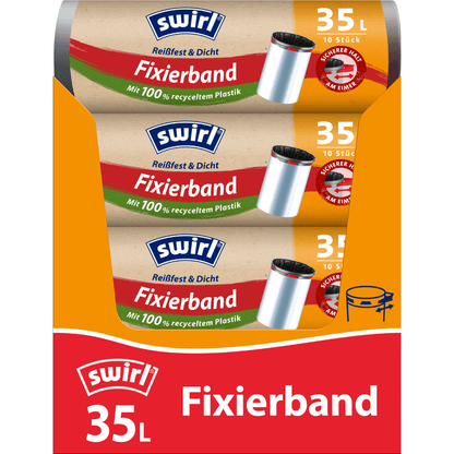 Trois rouleaux Swirl de sacs poubelle à bande élastique 35 l Résistant à la déchirure et étanche de Melitta Europa GmbH & Co. KG avec 10 sacs chacun dans un emballage orange-rouge, fabriqués en plastique recyclé et avec bande élastique pour une fermeture sécurisée.