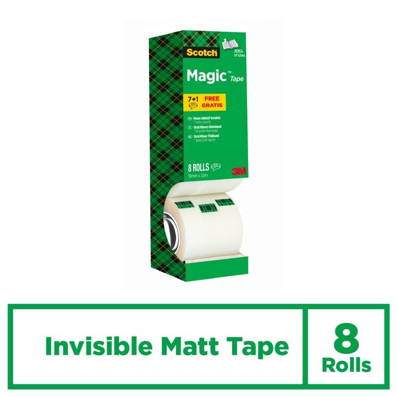 Illustrée est une boîte verte de ruban adhésif invisible Scotch® Magic™, pack avantage de 8 rouleaux (19 mm x 33 m) de 3M Deutschland GmbH avec un design à carreaux, le texte "Invisible Matt Tape" et le logo 3M en bas à droite.