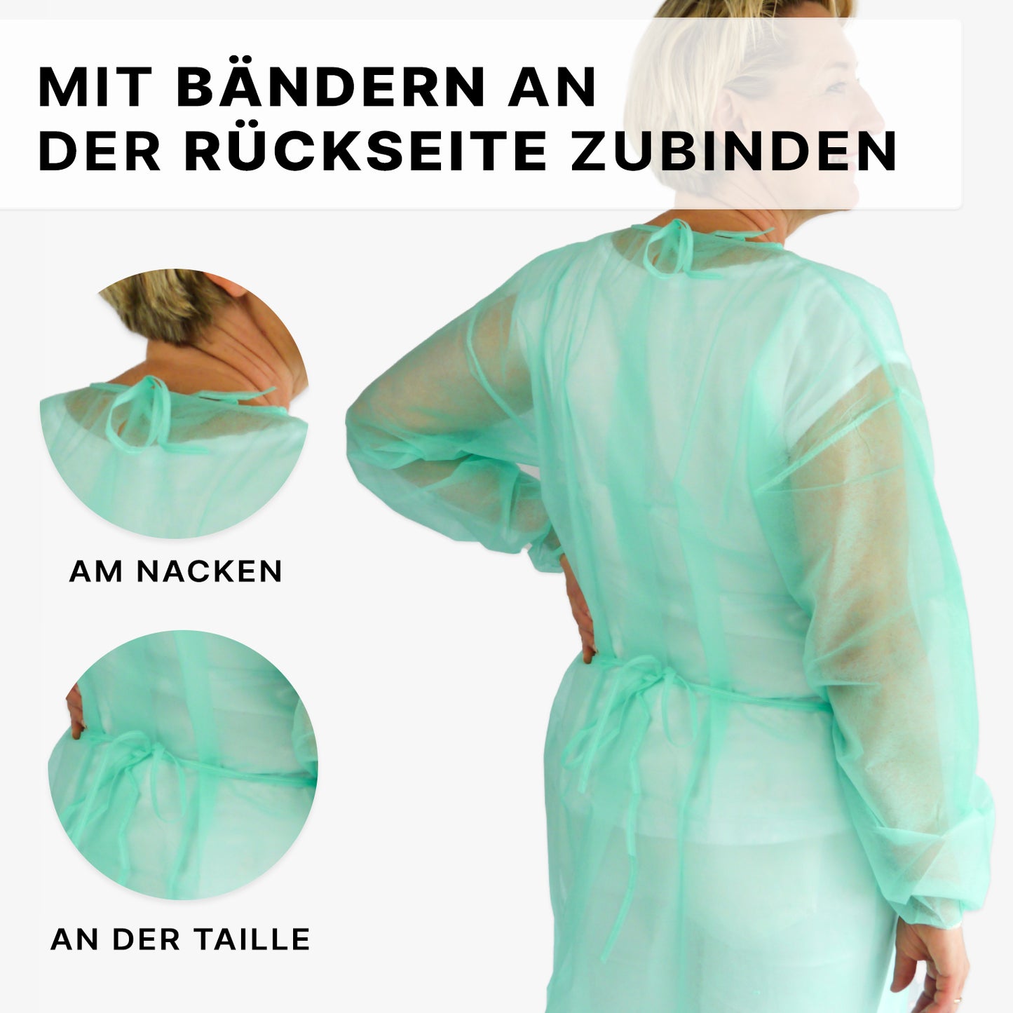 Une personne porte une blouse de protection jetable ARNOMED PROTECT en PP non-tissé vert clair de ARNOWA GmbH, attachée dans le dos, avec des gros plans des attaches au cou et à la taille. Texte allemand : « Attacher avec des liens à l'arrière - au cou, à la taille.