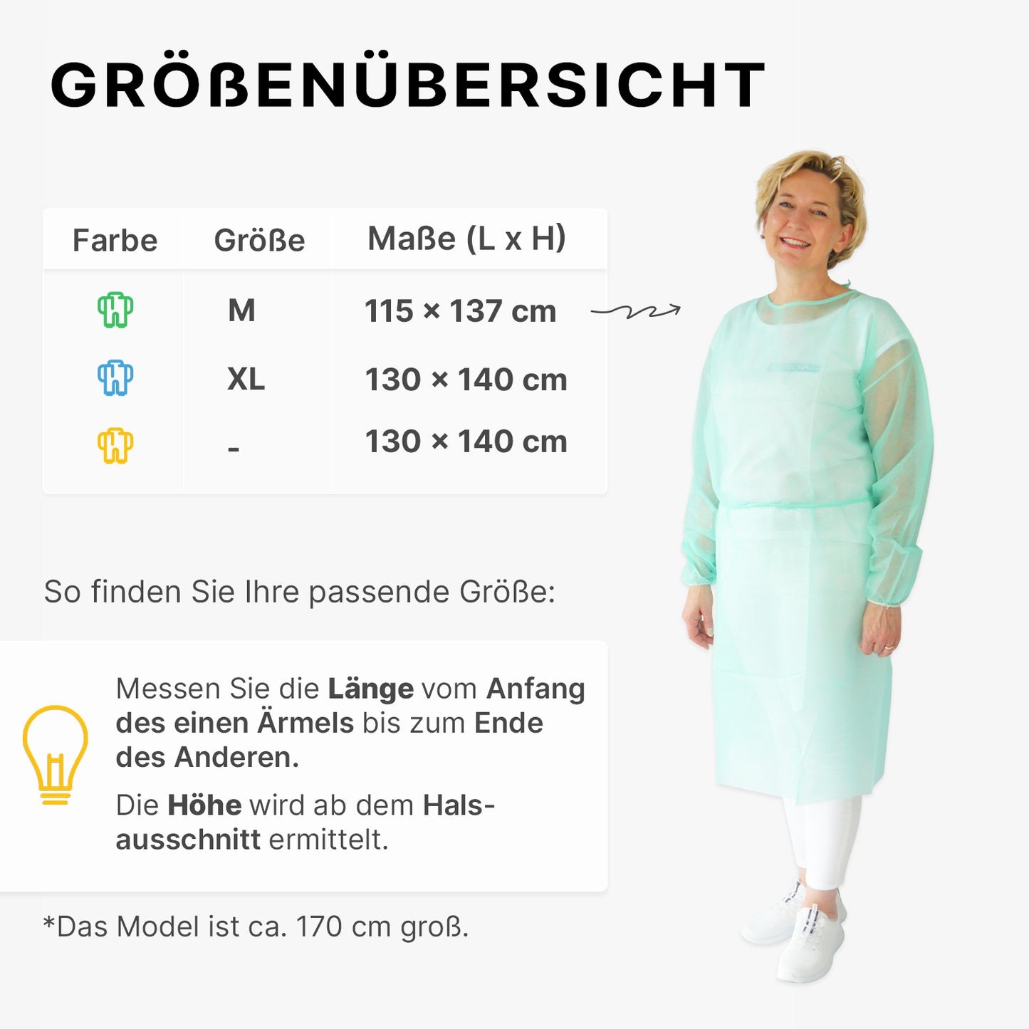 Une femme dans une blouse de protection jetable ARNOMED PROTECT en PP non-tissé vert clair de ARNOWA GmbH se tient à côté d'un tableau des tailles avec les couleurs des blouses, les tailles M, XL, -, leurs mesures en cm et un guide pour mesurer la longueur et la taille.