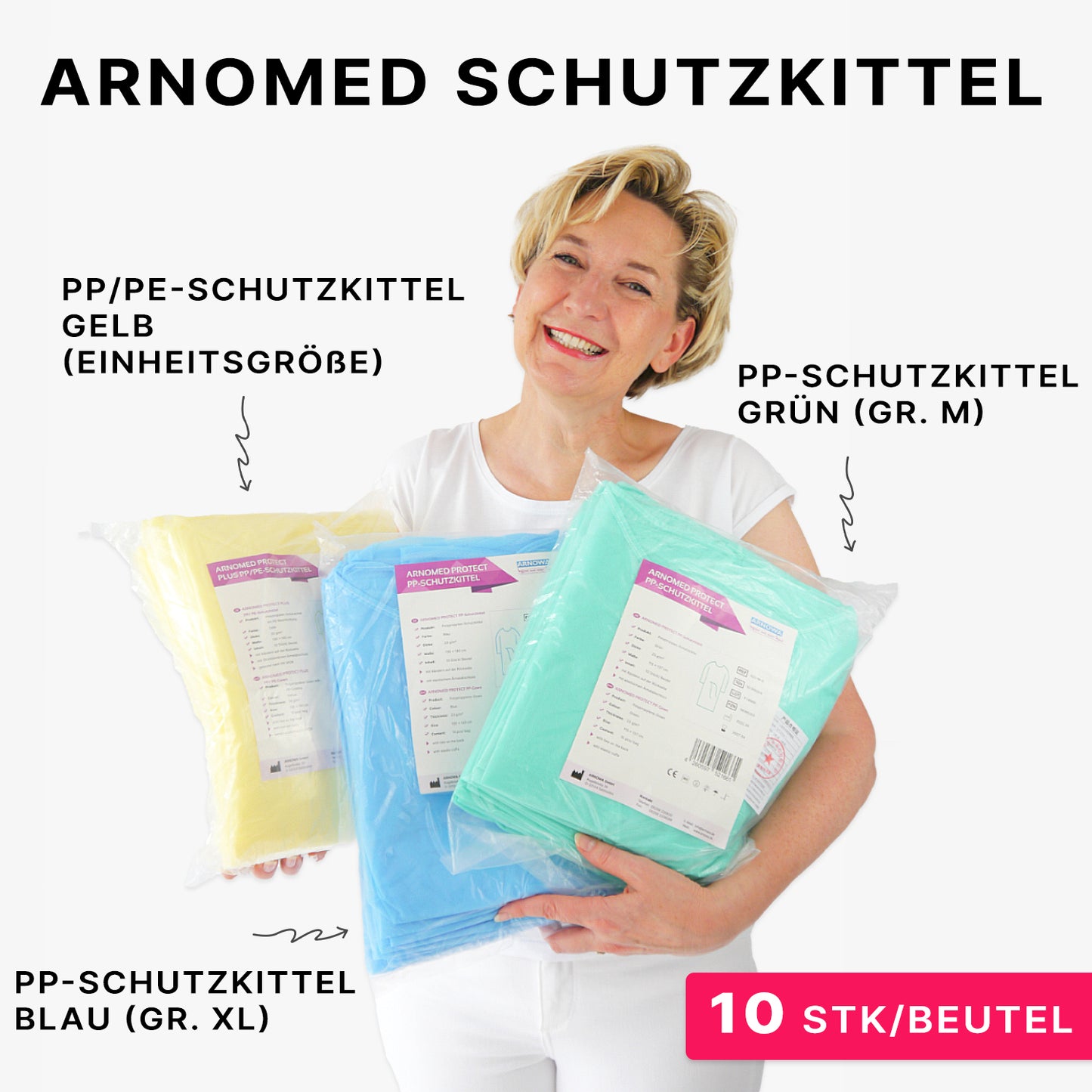 Une personne souriante tient trois blouses de protection jetables ARNOMED PROTECT en PP non-tissé de ARNOWA GmbH emballées - jaune (taille unique), bleu (XL) et vert (M); chaque paquet contient 10 pièces.