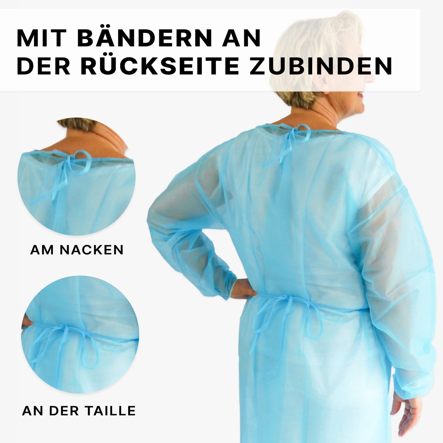 On montre une personne de dos portant une blouse de protection jetable ARNOMED PROTECT en PP non-tissé de ARNOWA GmbH, avec des gros plans des attaches au cou et à la taille et des instructions en allemand pour attacher la blouse jetable.