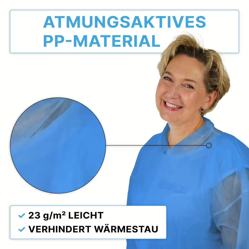 Une femme souriante porte le manteau de visite jetable ARNOMED PROTECT PP-BESUCHERKITTEL BLUE avec boutons-pression de la société ARNOWA GmbH. Caractéristiques mises en avant : matériau PP respirant, léger de 23 g/m², empêche l'accumulation de chaleur. L'encart montre le matériau en gros plan.