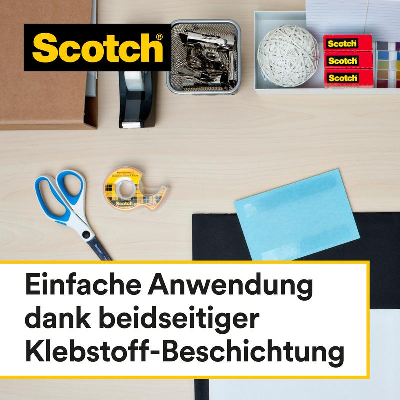 Un bureau avec des articles de bureau comme des ciseaux, un dévidoir de ruban adhésif, du ruban Scotch, des élastiques, des agrafes et du ruban adhésif double face Scotch® (1 rouleau, 19 mm x 33 m) de 3M Deutschland GmbH.