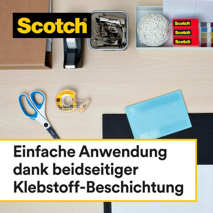 Un bureau avec des articles de bureau comme des ciseaux, un dévidoir de ruban adhésif, du ruban Scotch, des élastiques, des agrafes et du ruban adhésif double face Scotch® (1 rouleau, 19 mm x 33 m) de 3M Deutschland GmbH.