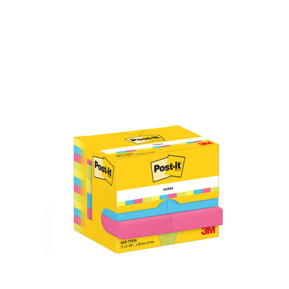 Un paquet de 12 Notes Post-it® (38 x 51 mm, Energetic Collection) de 3M Deutschland GmbH avec 100 feuilles par bloc, dans une boîte écologique jaune (100% PEFC), parfait pour l'organisation de bureau - coloré et clairement marqué.