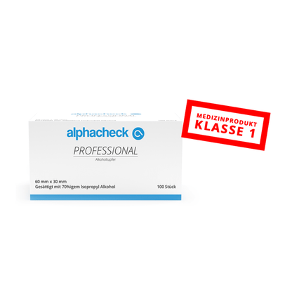 Une boîte blanche avec l'inscription "Alphacheck Professional Tampons alcoolisés 3 x 6 cm | Paquet (100 pièces)" de Berger Med GmbH contient 100 tampons alcoolisés (70% d'alcool isopropylique, 60mm x 30mm) pour la désinfection. Étiquette rouge sur le côté : "DISPOSITIF MÉDICAL CLASSE 1".