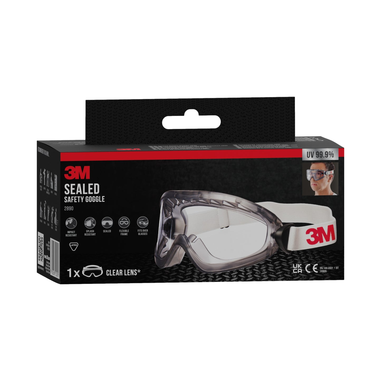 Eine Schachtel 3M™ Schutzbrille 2890, versiegelt, Klarsichtscheibe von 3M Deutschland GmbH mit Anti-Beschlag-Funktion, weißem verstellbarem Band, UV 99,9% Schutz und Produktfoto auf der Verpackung.