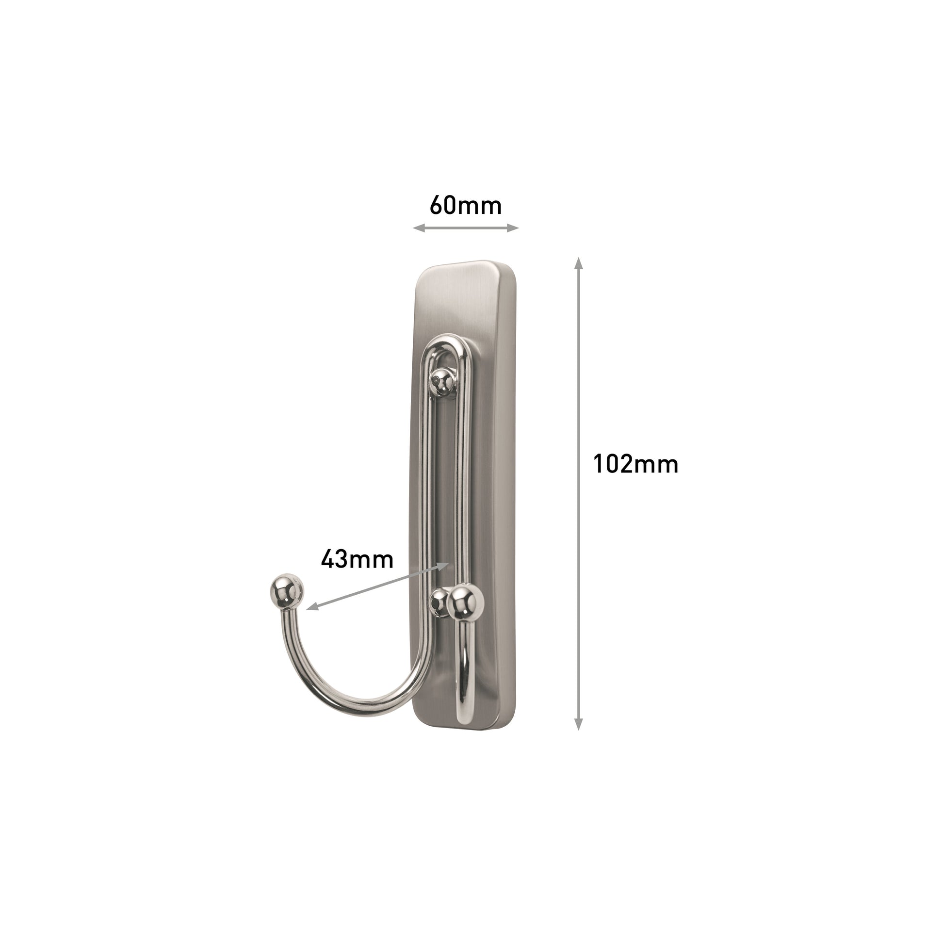 Der Command™ Großer Badezimmer-Doppelhaken Nickel satiniert von 3M Deutschland GmbH mit rechteckiger Basis (102mm x 60mm) und 43mm Ausladung wird auf weißem Hintergrund gezeigt; Pfeile und Maße kennzeichnen die Abmessungen.