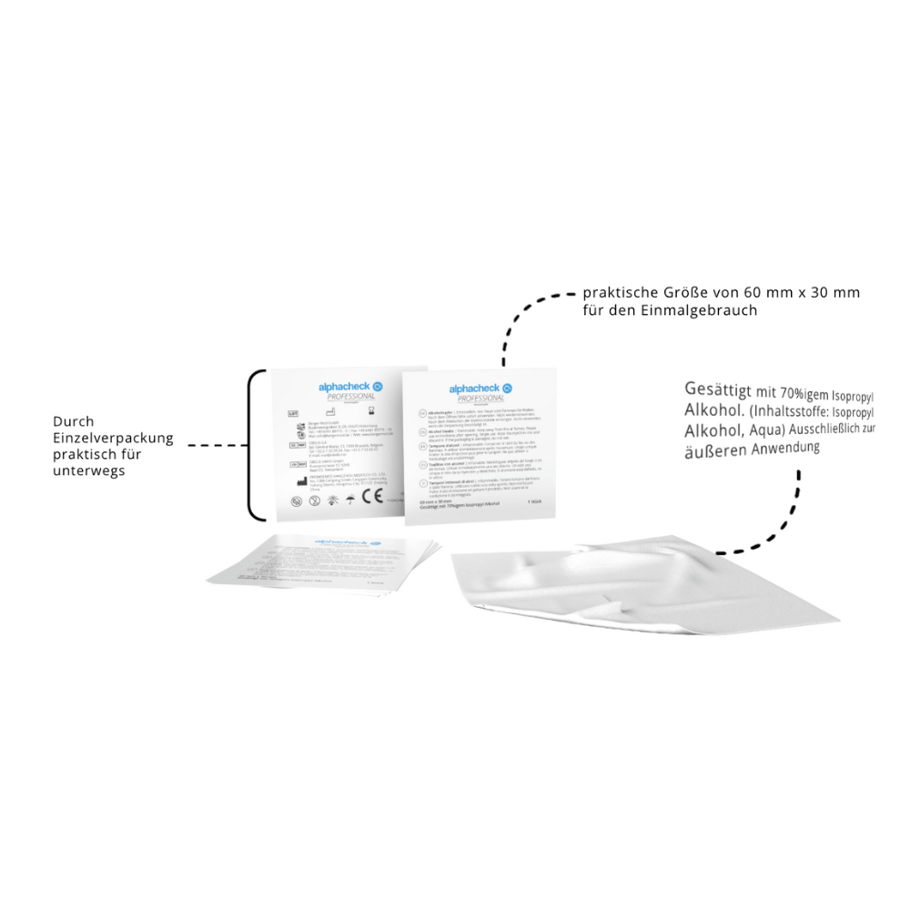 Un tampon alcoolisé Alphacheck Professional 3 x 6 cm de Berger Med GmbH (paquet de 100 pièces) emballé individuellement est montré à côté d'une notice ouverte, où la taille compacte, la teneur en alcool isopropylique à 70% et l'effet désinfectant sont mis en évidence.