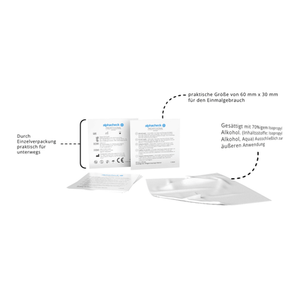 Un tampon alcoolisé Alphacheck Professional 3 x 6 cm de Berger Med GmbH (paquet de 100 pièces) emballé individuellement est montré à côté d'une notice ouverte, où la taille compacte, la teneur en alcool isopropylique à 70% et l'effet désinfectant sont mis en évidence.