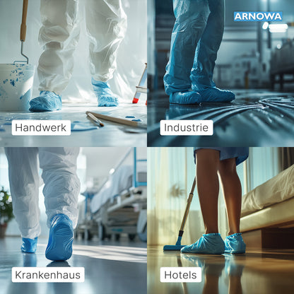 Quatre photos montrent des personnes utilisant des couvre-chaussures jetables ARNOMED CPE/PP de ARNOWA GmbH dans les domaines "Artisanat", "Industrie", "Hôpital" et "Hôtels" - démontrant ainsi une protection imperméable dans de nombreux domaines d'application.