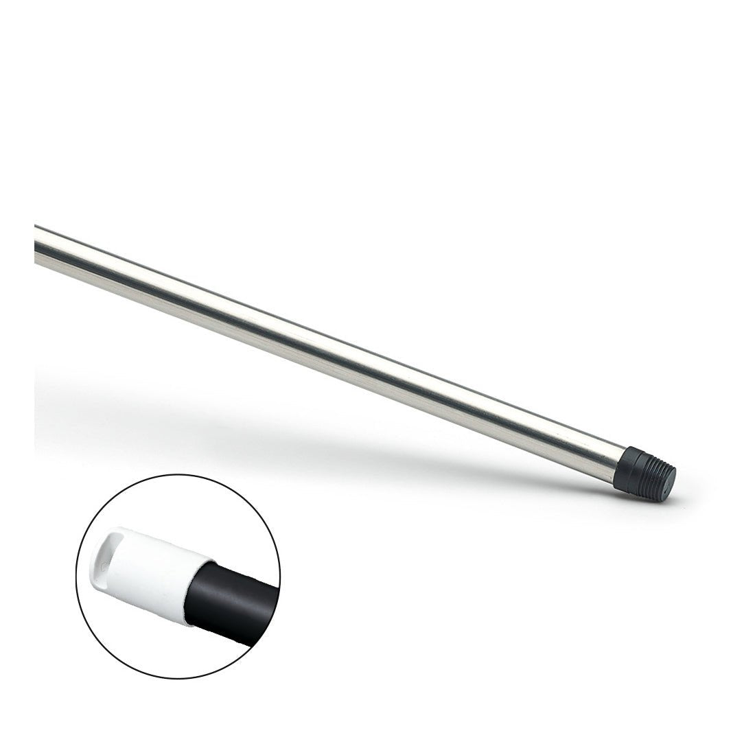 La tige en aluminium Nölle Profi Brush de 140 cm, partiellement gainée avec filetage (1 pièce) de Nölle Profi Brush Bürsten- & Pinseltechnik e.K. est représentée en biais sur un fond blanc, avec un cercle découpé montrant l'extrémité filetée en gros plan.