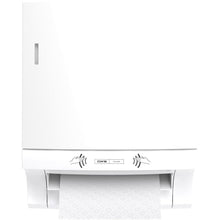 Der CWS ParadiseLine Papierhandtuchrollenspender Paperroll NT inklusive Panel Weiß wird an der Wand montiert und spendet berührungslos gemusterte Papierhandtücher, die hygienisches Händetrocknen gewährleisten - perfekt für den professionellen Gebrauch.