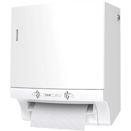Der CWS ParadiseLine Papierhandtuchrollenspender Paperroll NT incl. Panel Weiß ist ein weißer, wandmontierter Spender mit strukturierter Papierausgabe und Icons für hygienisches Händetrocknen - ideal für den professionellen Gebrauch.