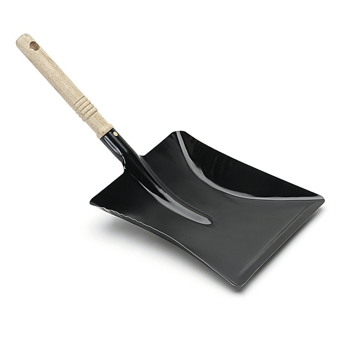 La pelle à poussière en métal laqué avec manche en bois de Nölle Profi Brush de la société Nölle Profi Brush Bürsten- & Pinseltechnik e.K. se distingue par une pelle en métal noire et un manche en bois clair sur un fond blanc.