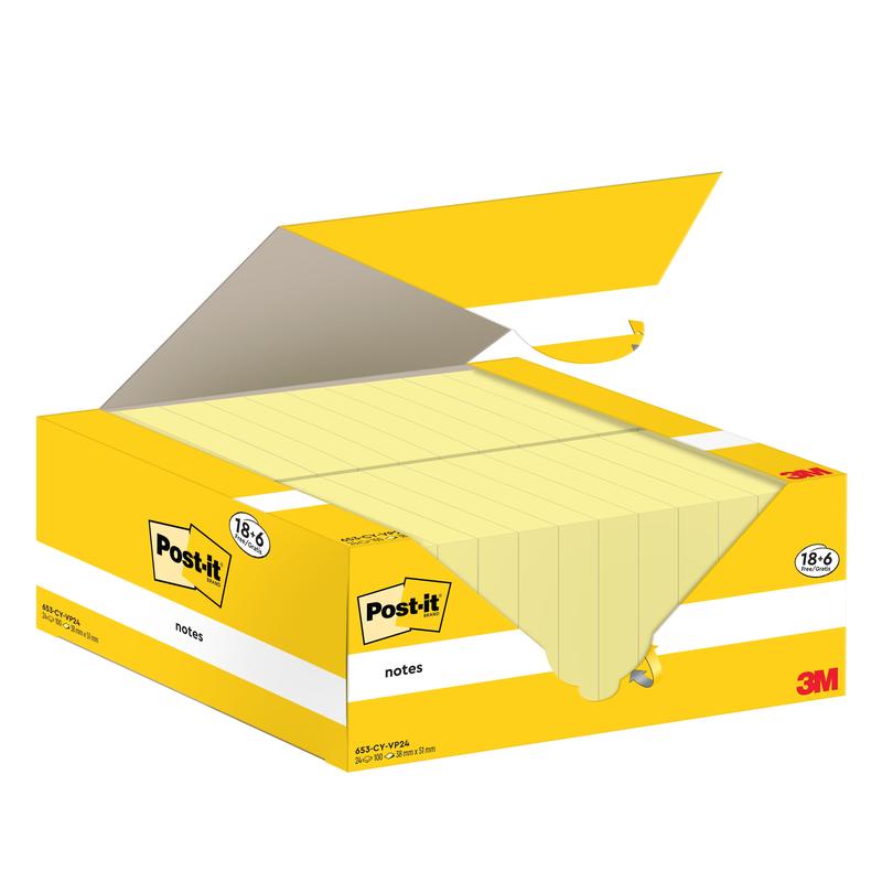 Une boîte jaune et blanche ouverte de Post-it® Notes (3M Deutschland GmbH) laisse entrevoir plusieurs feuillets jaunes à l'intérieur. La boîte contient 18 blocs + 6 gratuits (38 x 51 mm, 100 feuilles par bloc), certifiés PEFC, avec le logo et les informations sur le produit.