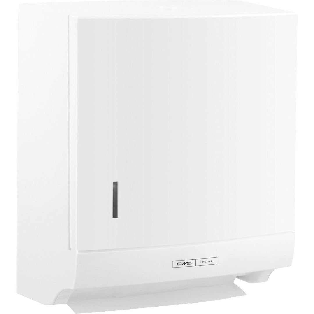 Le distributeur d'essuie-mains plié CWS ParadiseLine Paper Slim en blanc avec serrure de CWS possède une fenêtre de visualisation pour le niveau de papier et le label "CWS Hygiène" en bas - idéal pour un séchage des mains hygiénique.