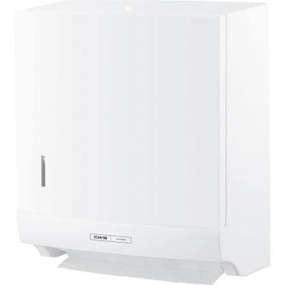Le distributeur d'essuie-mains plié CWS ParadiseLine Paper Slim avec panneau blanc et serrure dispose d'une fenêtre latérale et d'une feuille de papier visible pour un séchage des mains hygiénique.