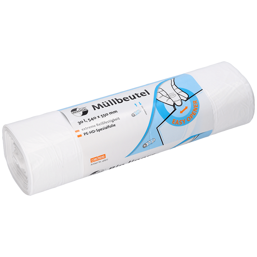 Un rouleau de sacs poubelles blancs DEISS 46917 (540x550x0,015 mm, 100 pièces) de EMIL DEISS KG (GmbH + Co.) dans un emballage plastique avec des informations en allemand et une illustration de décollement à la main - idéal pour l'élimination pratique des déchets.
