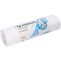 Un rouleau de sacs poubelles blancs DEISS 46917 (540x550x0,015 mm, 100 pièces) de EMIL DEISS KG (GmbH + Co.) dans un emballage plastique avec des informations en allemand et une illustration de décollement à la main - idéal pour l'élimination pratique des déchets.