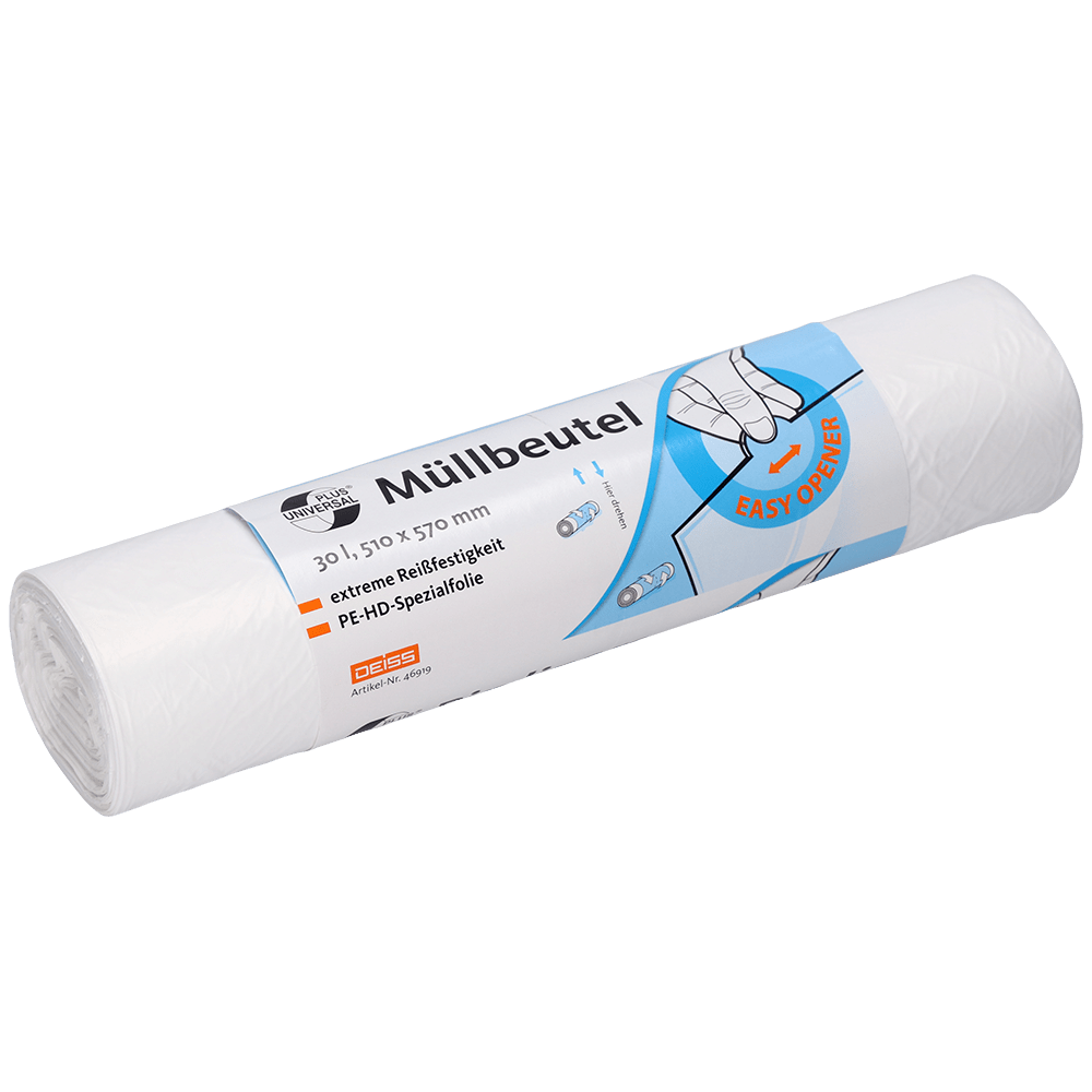 Un rouleau de sacs poubelle blancs DEISS 46919 de EMIL DEISS KG (GmbH + Co.), étiqueté "sacs poubelle", 30L, 510 x 570 mm, hygiénique comme des serviettes en papier, avec des instructions d'ouverture simples sur l'emballage. Contient 100 sacs par rouleau.