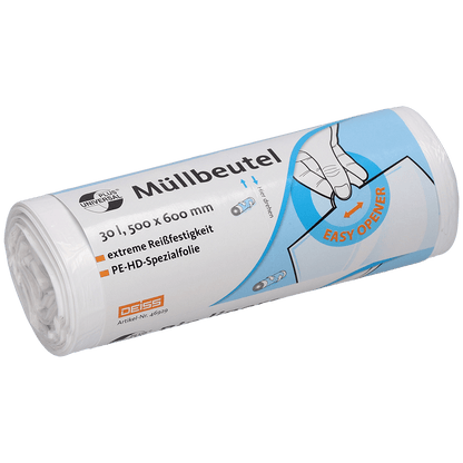 Un rouleau de sacs poubelle blancs DEISS 500x600 mm en HDPE, 30 litres, d'EMIL DEISS KG (GmbH + Co.) avec un texte allemand indiquant la taille et les spécifications, avec une illustration de main mettant en avant le « EASY OPENER » et des indications sur les sacs poubelle résistants à la déchirure.