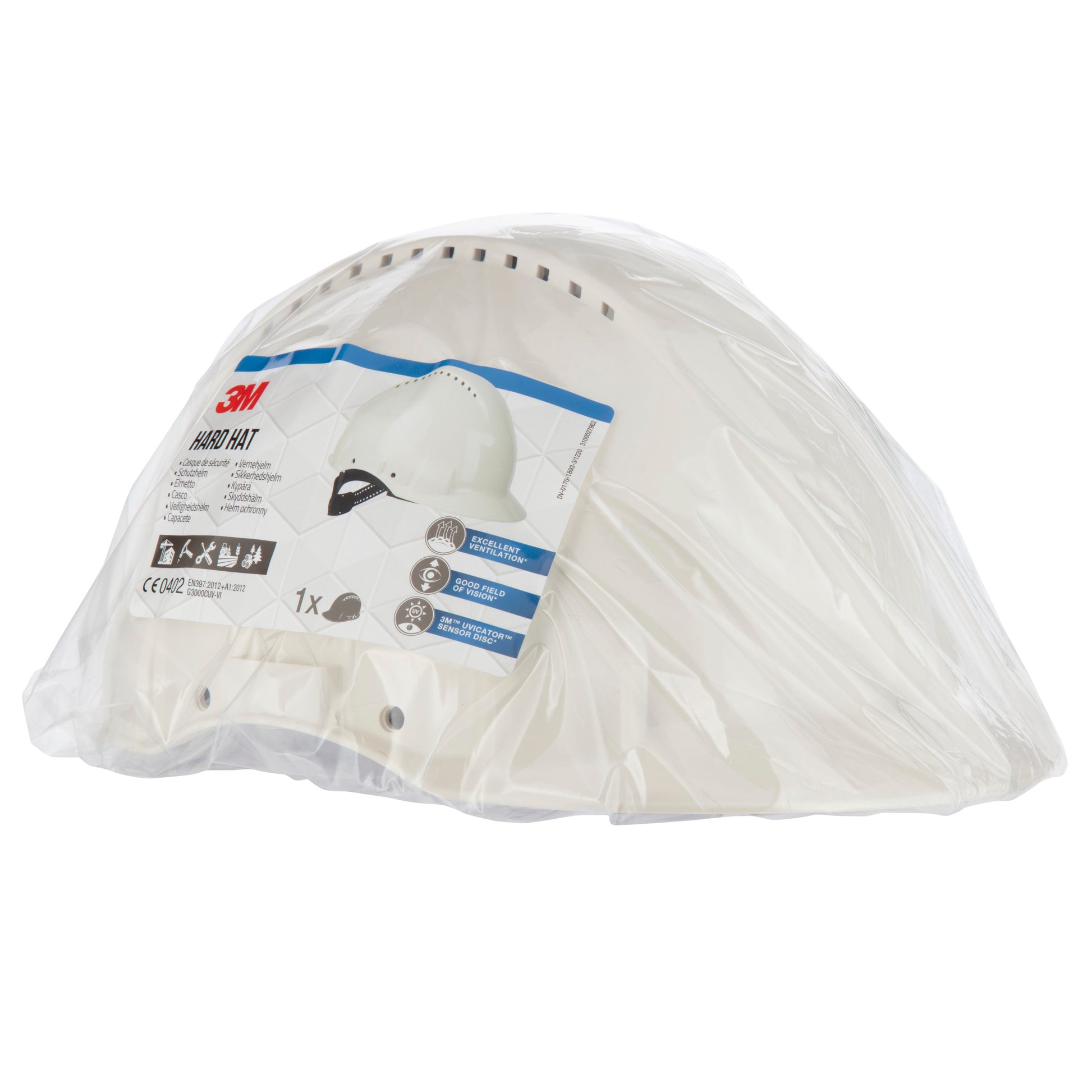 Ein weißer 3M™ Schutzhelm G3000C Uvicator der 3M Deutschland GmbH ist in durchsichtigem Kunststoff versiegelt und mit einem Etikett mit Produktinformationen und Bildern versehen. Der Hintergrund ist einfarbig weiß.