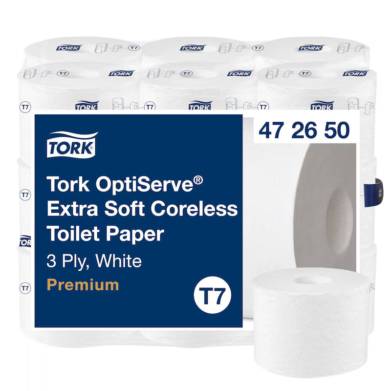 Papier toilette Tork OptiServe extra-doux sans mandrin T7, 3 couches, blanc, 18 rouleaux de 550 feuilles chacun | Lot (18 rouleaux)