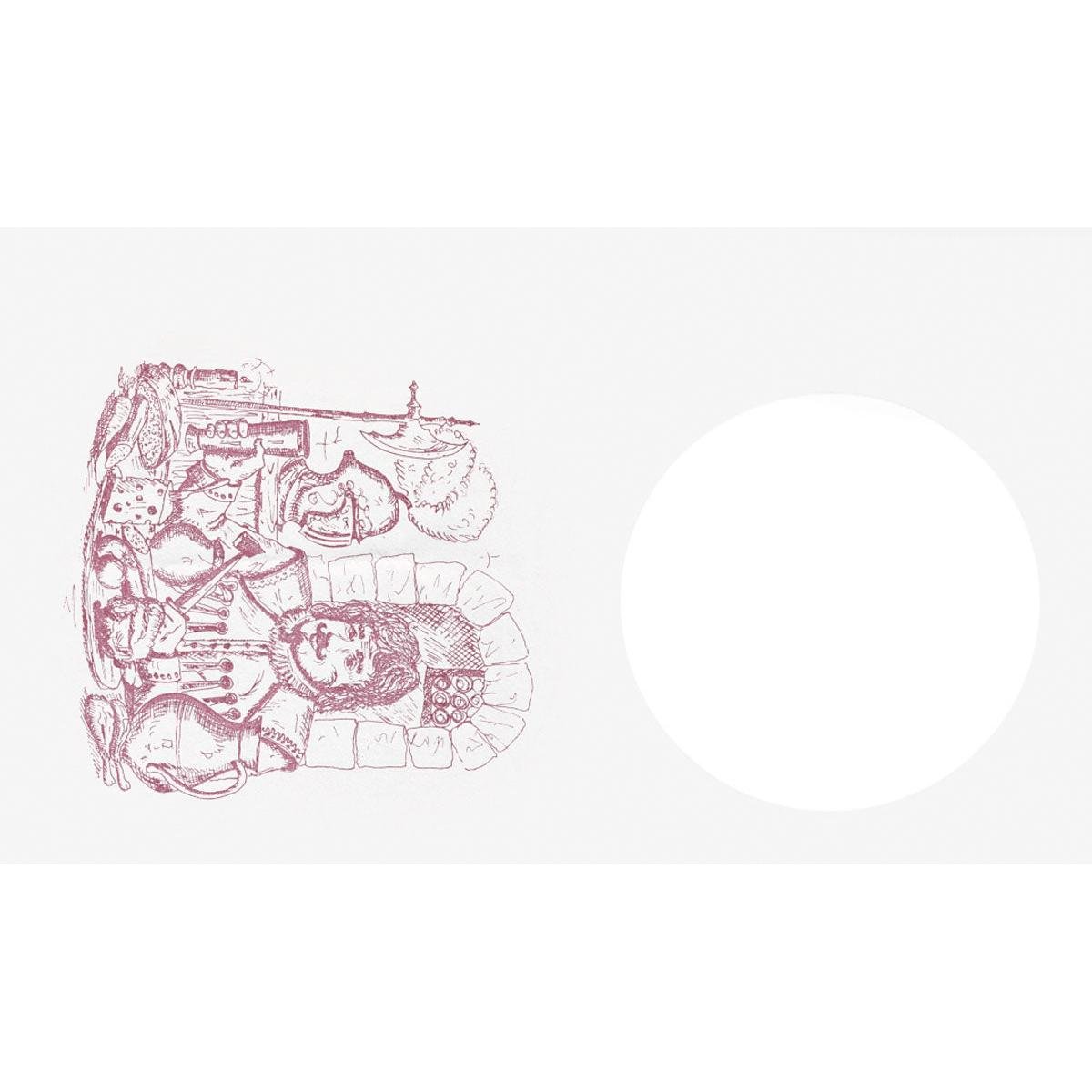 Un dessin au trait montre un cuisinier à un comptoir de cuisine avec des aliments, des ustensiles et des bavoirs Dunicel 40x60cm pour enfants - Design Chevalier Mangeant (Duni GmbH), à gauche d'un grand cercle blanc vide sur un fond uni. Paquet de 500 pièces.