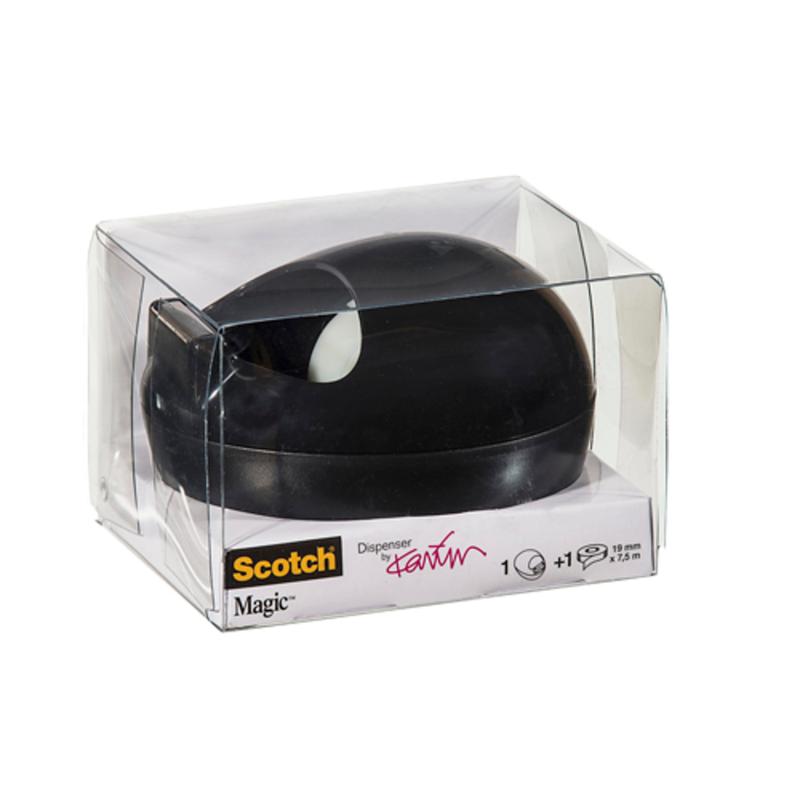 Le distributeur de ruban de table Scotch™ Karim Rashid de 3M Deutschland GmbH en noir est dans un emballage en plastique transparent avec des étiquettes de produit visibles et le branding à l'avant et sur le côté.