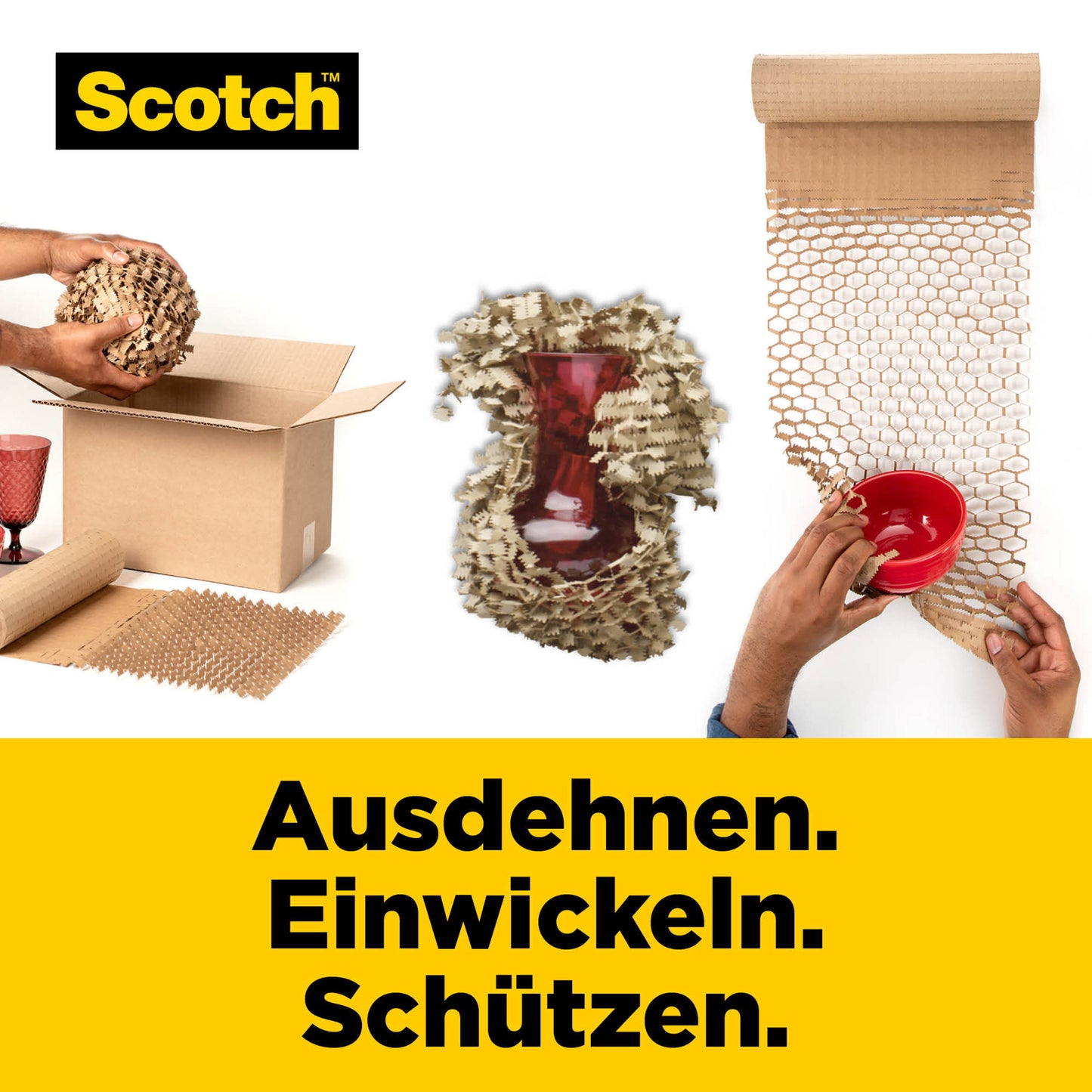 Eine Person verpackt eine rote Vase mit Scotch™ Cushion Lock™ Schutzverpackung, 30,4 cm x 9,14 m von 3M Deutschland GmbH; eine andere verpackt eine Schale. Deutscher Text: "Ausdehnen. Einwickeln. Schützen.