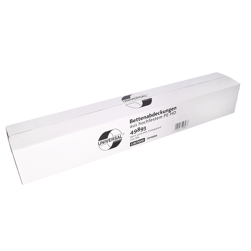 Une boîte rectangulaire blanche avec l'inscription "UNIVERSAL" contient des housses de lit transparentes EMIL DEISS KG (GmbH + Co.) 3200x950 mm, nom du produit DEISS 49893, paquet de 200 pièces, avec du texte en allemand sur le devant.