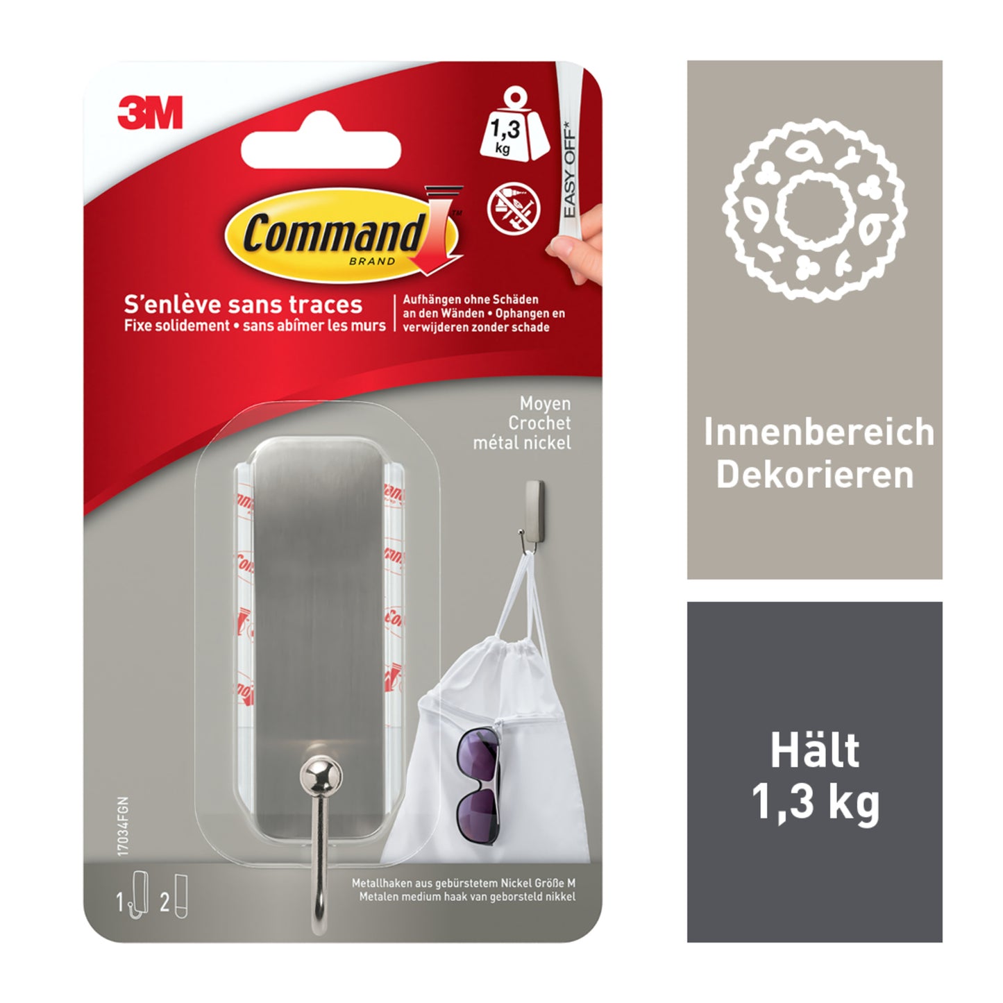 Der mittelgroße Command™ Metallhaken in gebürstetem Nickel (1 Haken, 2 Strips) von 3M Deutschland GmbH kommt ohne Bohren aus. Die Verpackung zeigt Produkt, Anwendungstipps und Beispiele mit Tasche und Sonnenbrille.