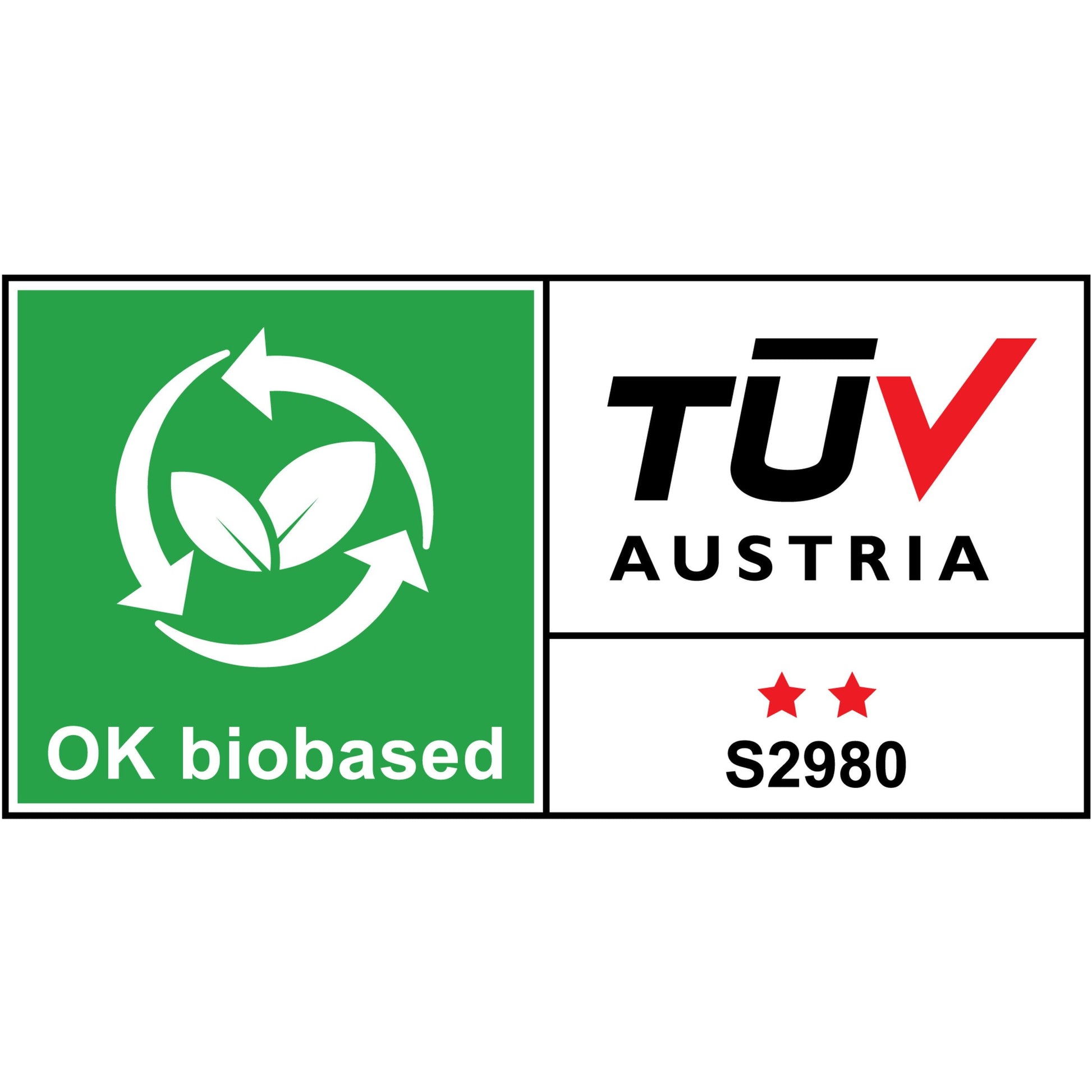 Die Verpackung des Scotch™ Edelstahl-Klebebandabrollers, Silber + Scotch® Magic™ Klebeband der 3M Deutschland GmbH zeigt ein grün-weißes "OK biobased"-Logo mit zwei Blättern (TÜV AUSTRIA S2980, zwei rote Sterne).