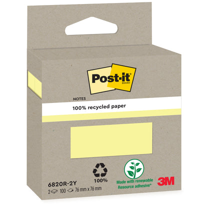 Eine Kartonschachtel mit Post-it® Recycling Notes (76 mm x 76 mm, 100% PEFC, 2 Blöcke à 100 Blatt) der 3M Deutschland GmbH ist mit Recycling-Symbolen und dem 3M-Logo in der rechten unteren Ecke versehen.