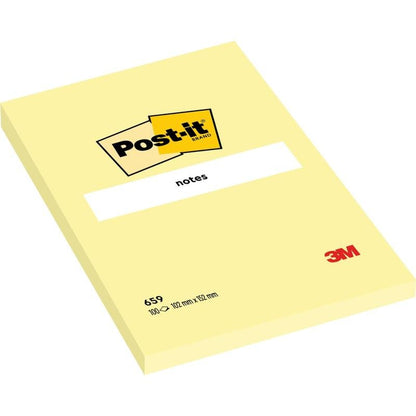 Un Post-it® Note jaune grand format (101 x 152 mm) de 3M Deutschland GmbH avec le logo Post-it, l'inscription "notes" et le logo rouge 3M dans le coin inférieur droit.