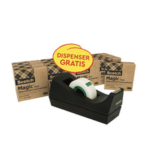 14 Rollen Scotch® Magic™ Klebeband (19 mm x 33 m, 66 % pflanzlicher Klebstoff) von 3M Deutschland GmbH im Pack mit GRATIS schwarzem Scotch® Abroller C38; ein Aufkleber betont: "Dispenser Gratis".
