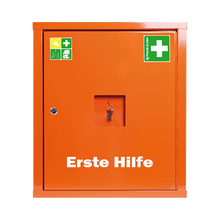 Armoire de premiers secours EUROSAFE orange, contenu standard selon la norme DIN 13169