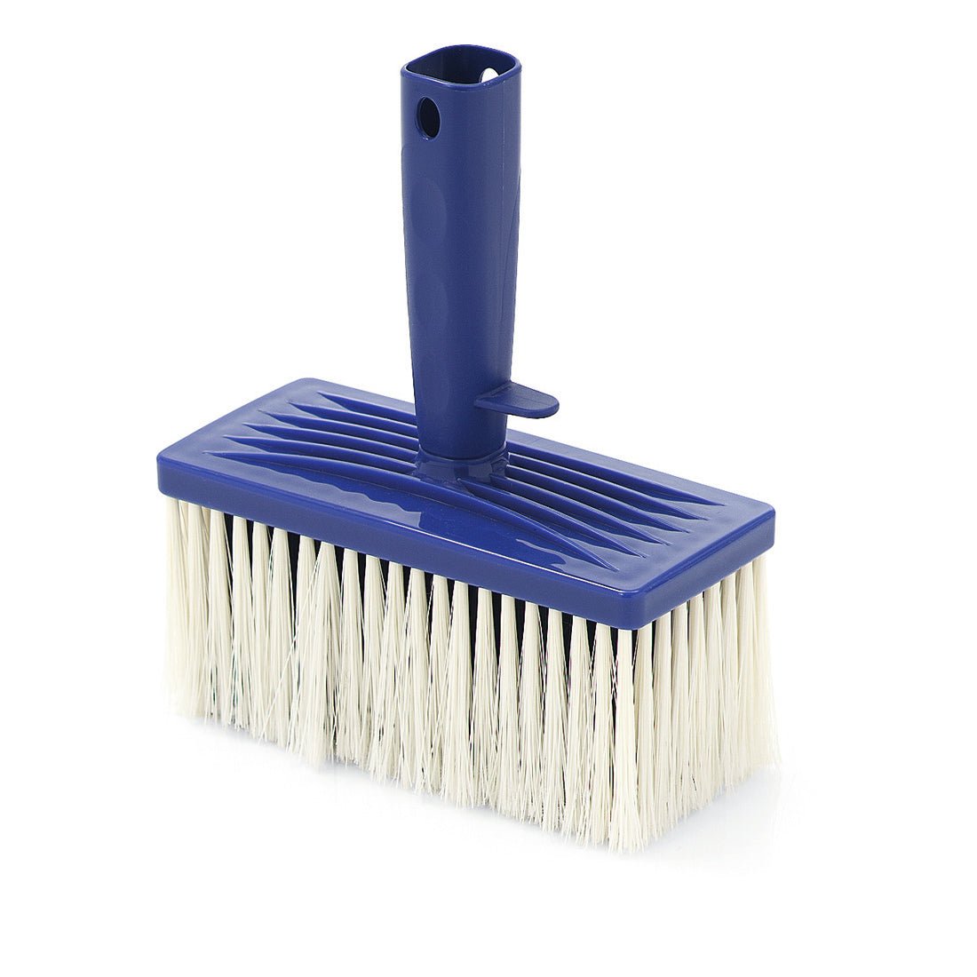 La brosse de plafond artisanale Nölle Profi Brush (17x7,5 cm, 70 mm de poils) de Nölle Profi Brush Bürsten- & Pinseltechnik e.K. a des poils blancs et un manche bleu avec un trou, parfait pour les travaux de peinture. 1 pièce, illustrée sur fond blanc.