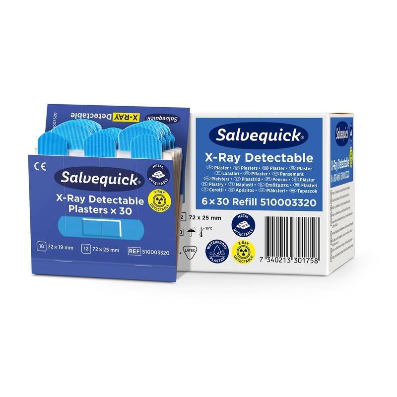 Eine teilweise geöffnete Schachtel von Salvequick röntgendetektierbar (30 Stück/Nachfüllung) von Orkla Wound Care AB zeigt blaue Pflaster neben der weiß-blauen Nachfüllverpackung. Produktdetails und Menge sind hervorgehoben.