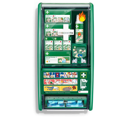 La station de premiers secours & brûlures Cederroth d'Orkla Wound Care AB (1 paquet) offre des matériaux de premiers secours organisés, y compris du gel pour brûlures, des bandages et des instructions illustrées dans une station verte.