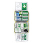 La trousse de secours LARGE DIN d'Orkla Wound Care AB contient des bandages, de la gaze, des blocs réfrigérants, des ciseaux, du ruban adhésif, des lingettes antiseptiques et des instructions de premiers secours - bien organisés dans des compartiments étiquetés. Emballage : 1 pièce.