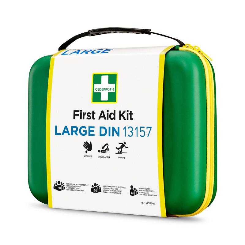Une trousse de secours verte Orkla Wound Care AB LARGE DIN (Emballage, 1 pièce) avec fermeture éclair jaune et poignée pour les plaies, la circulation et les entorses est dotée de pictogrammes sur fond blanc et est conforme à la norme DIN.