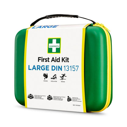 Une trousse de secours verte Orkla Wound Care AB LARGE DIN (Emballage, 1 pièce) avec fermeture éclair jaune et poignée pour les plaies, la circulation et les entorses est dotée de pictogrammes sur fond blanc et est conforme à la norme DIN.