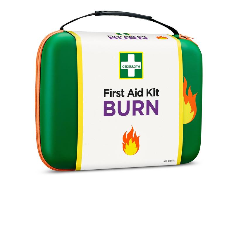 Das grün-weiße Cederroth Erste-Hilfe-Set für Verbrennungen (Packung, 1 Stück) von Orkla Wound Care AB hat einen orangefarbenen Reißverschluss, das Cederroth-Logo, die Aufschrift "First Aid Kit BURN" und Flammenbilder auf der Vorderseite.