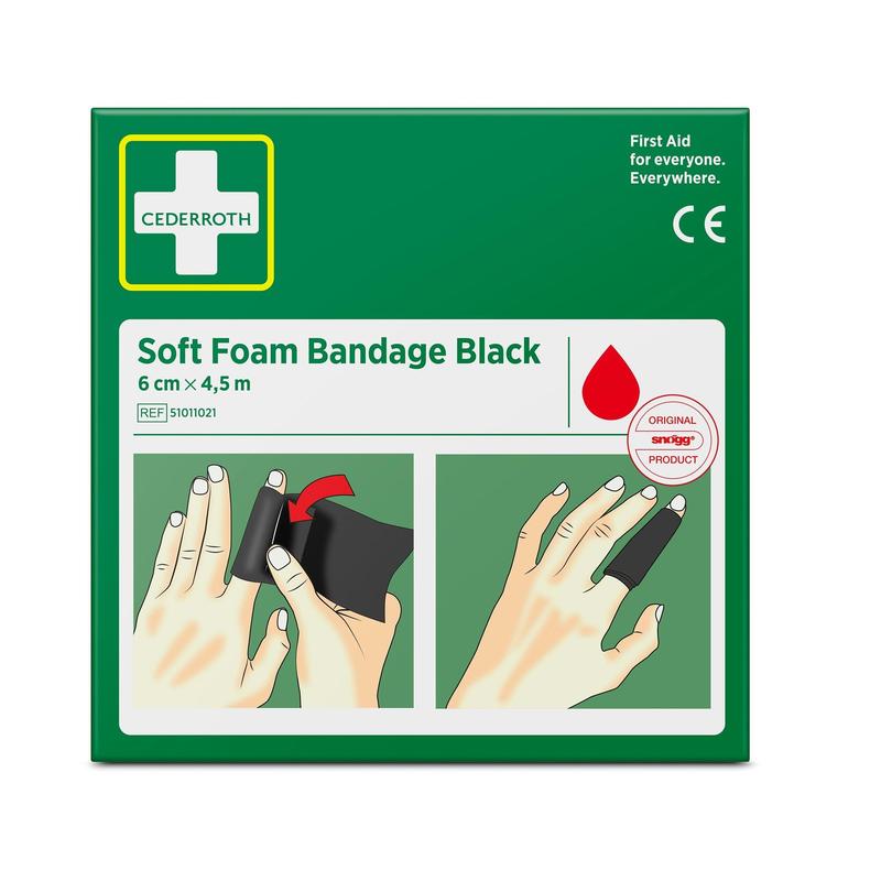 Une boîte verte avec l'inscription "Cederroth bandage en mousse souple noir 6 cm x 4,5m | Paquet (1 pièce)" de Orkla Wound Care AB montre des images de mains appliquant un bandage en mousse noire, accompagnées d'informations sur le produit et de logos.